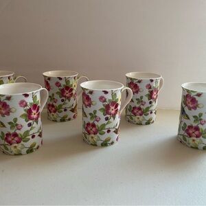 Set of 6 Stechcol Gracie Mugs Floral Bone China Bird Sparrow White Pink